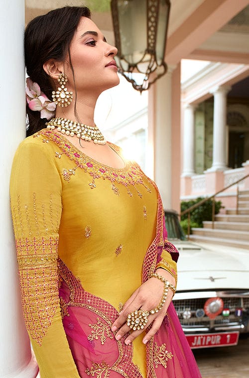 Shop Online Yellow Designer Sharara Suit | Red Draped Bandhej Dupatta –  Pure Elegance